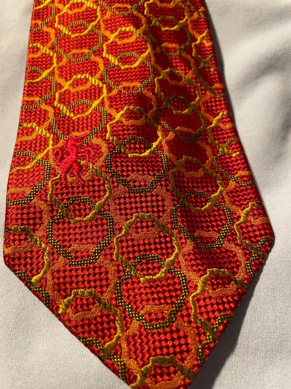 Bronzini Vintage Men's Red Tie with Gold Geometric Motif